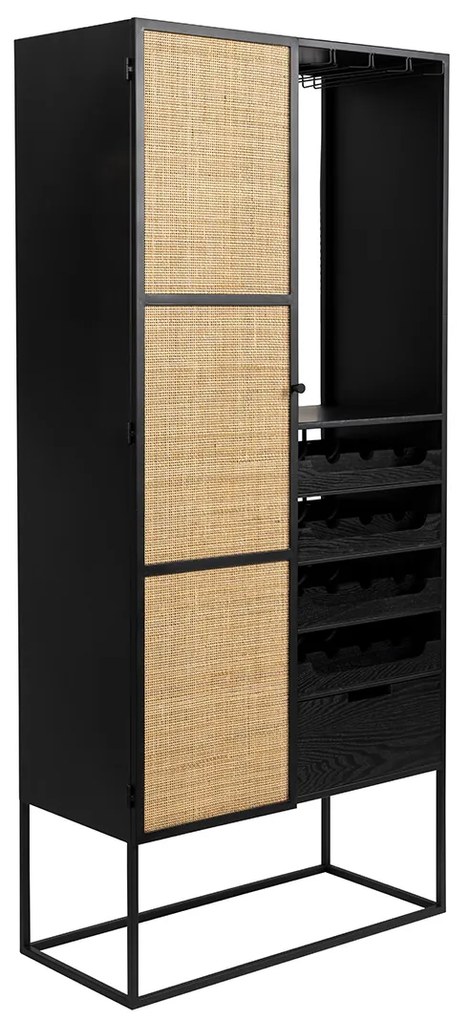 Hoge Wijnkast Zwart Met Rotan - 80x38x175cm.