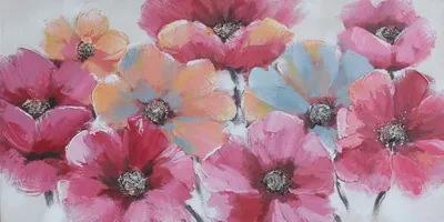 Schilderij - Handgeschilderd - Roze bloemen 150x60cm