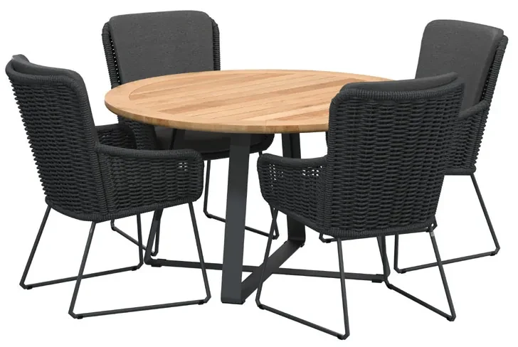 4 Seasons Outdoor Wing tuinset met Basso tafel Ø 130 cm Tuinset houtkleur weerbestendig
