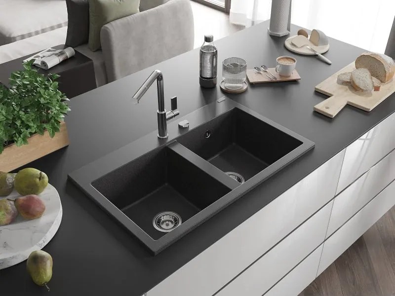 Mexen Hektor granieten gootsteen 2-kamer 800 x 480 mm, zwart gespikkeld, chromen sifon - 6521802000-76