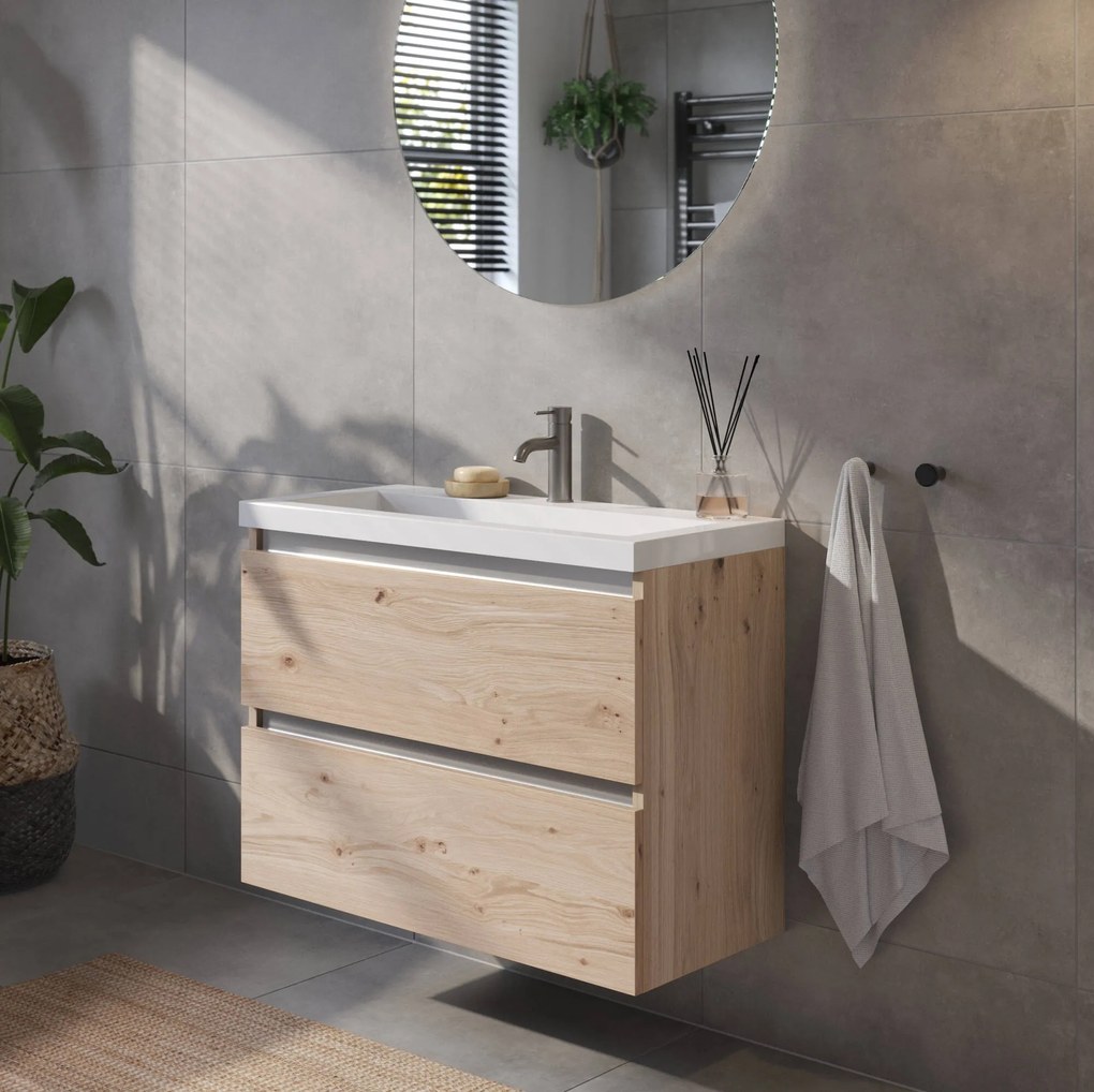 Saqu Gaia ondiep badmeubel incl. glans witte wastafel 80x40x64cm naturel eiken – aluminium greeplijst