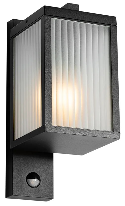 Buiten wandlantaarn zwart met ribbel glas en bewegingssensor - Charlois