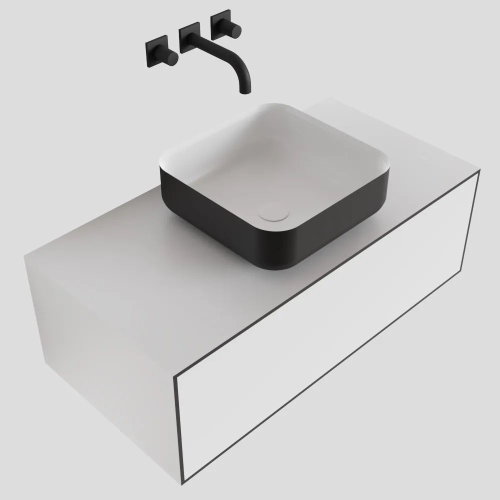 Zaro Lagom volledig naadloos solid surface onderkast met topblad 90cm mat zwart met 1 lades Push tot open. Compleet met solid surface opzetkom met 0 kraangat(en)