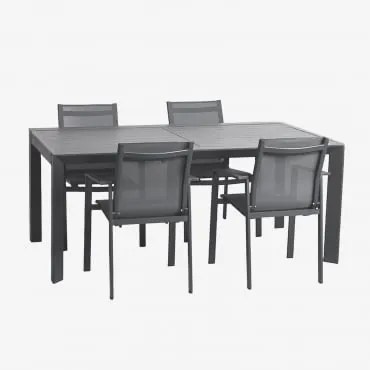 Starmi Rechthoekige Uitschuifbare Tafelset, 180-240x100 Cm, Gemaakt Van Aluminium En 4 Eika Tuinstoelen. Grijs – Grafiet - Sklum