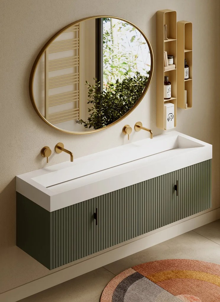 Muebles Calas badmeubel ribbelfront 160cm legergroen met solid surface wastafel zonder kraangaten