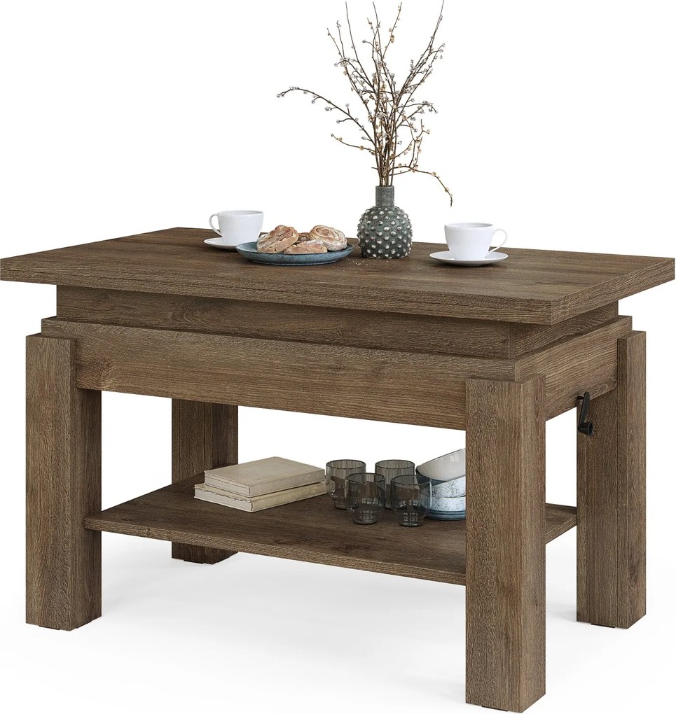 BRAVO bruin eiken – uitschuifbare en in hoogte verstelbare salontafel, tafel met plank