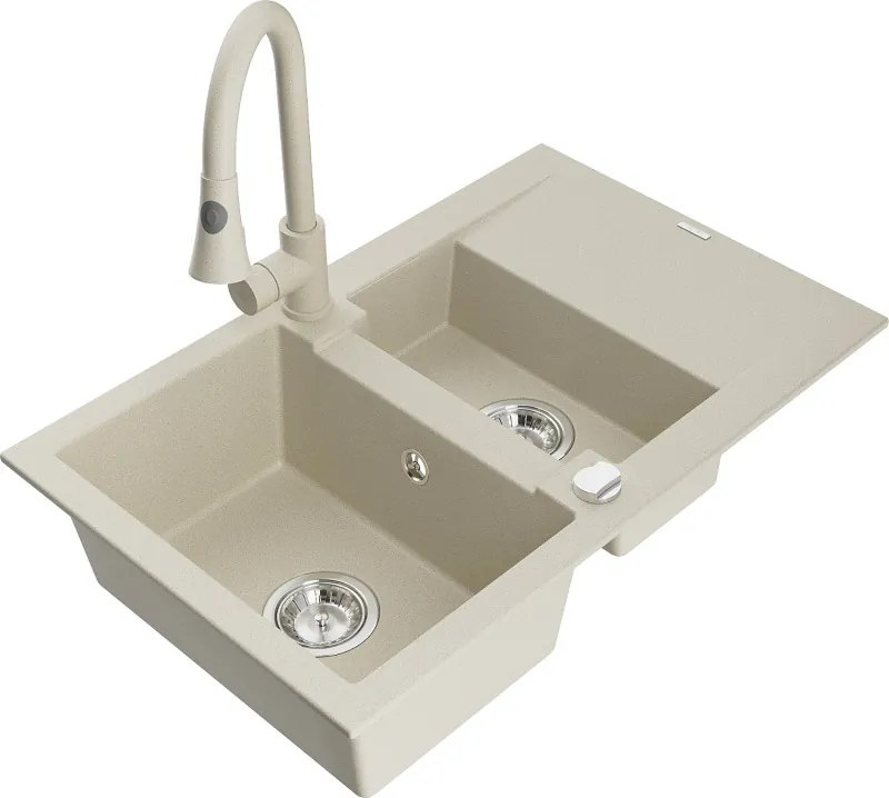 Mexen Gaspar granitische spoelbak 1,5-kom met afdruiprek en keukenmengkraan Elia, beige - 6507-69-670101-69