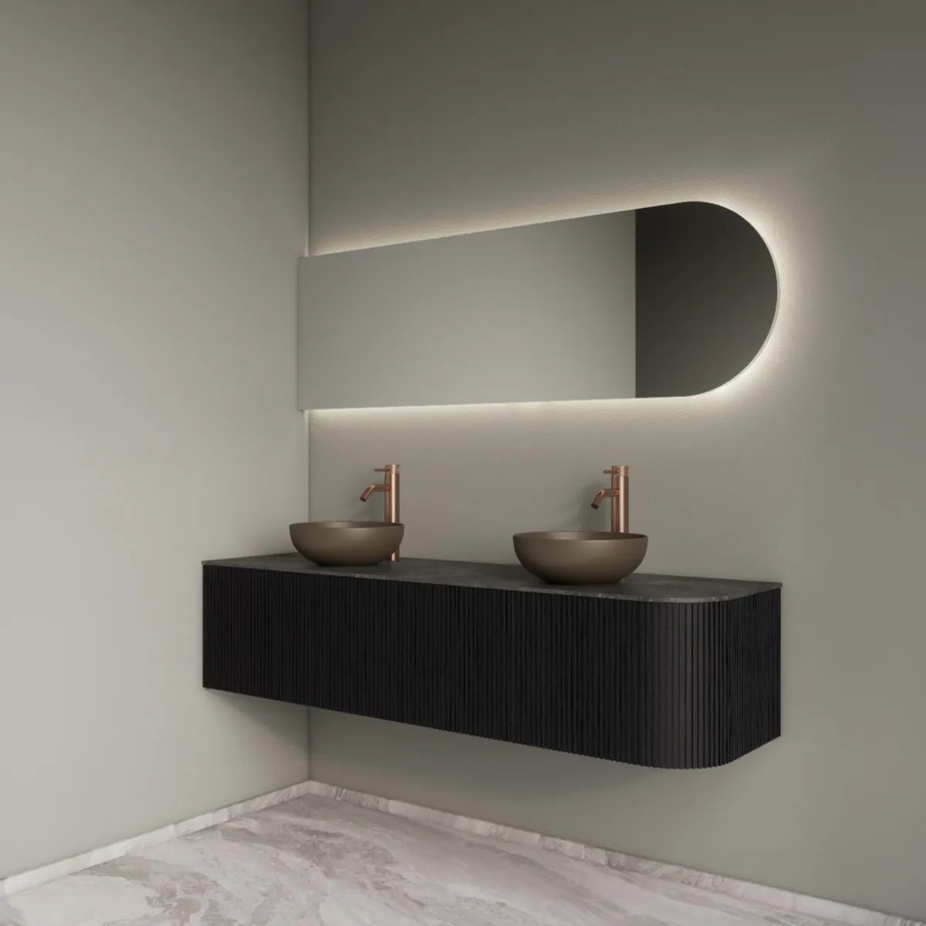 Gliss Design Alluro badmeubel ribbelfront met ronding rechts 160cm black en zwart leisteen toppaneel