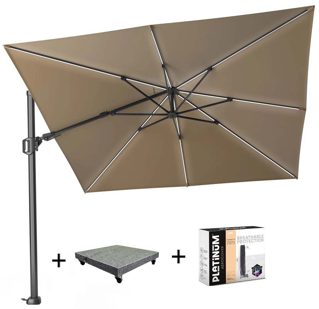 Challenger T2 glow zweefparasol 300x300 cm taupe met 120KG voet en hoes