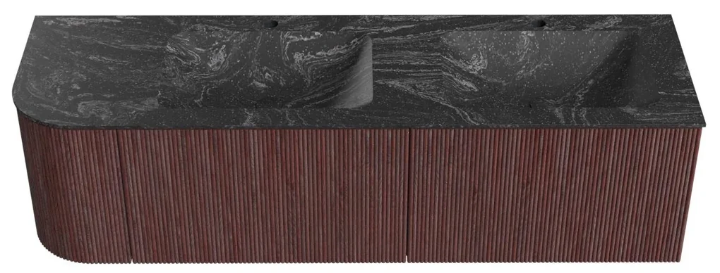 Mondiaz Kurve-dlux 155cm badmeubel ronding links ruby met 2 lades en 1 deur en wastafel leaf dubbel/rechts 2 kraangaten lava