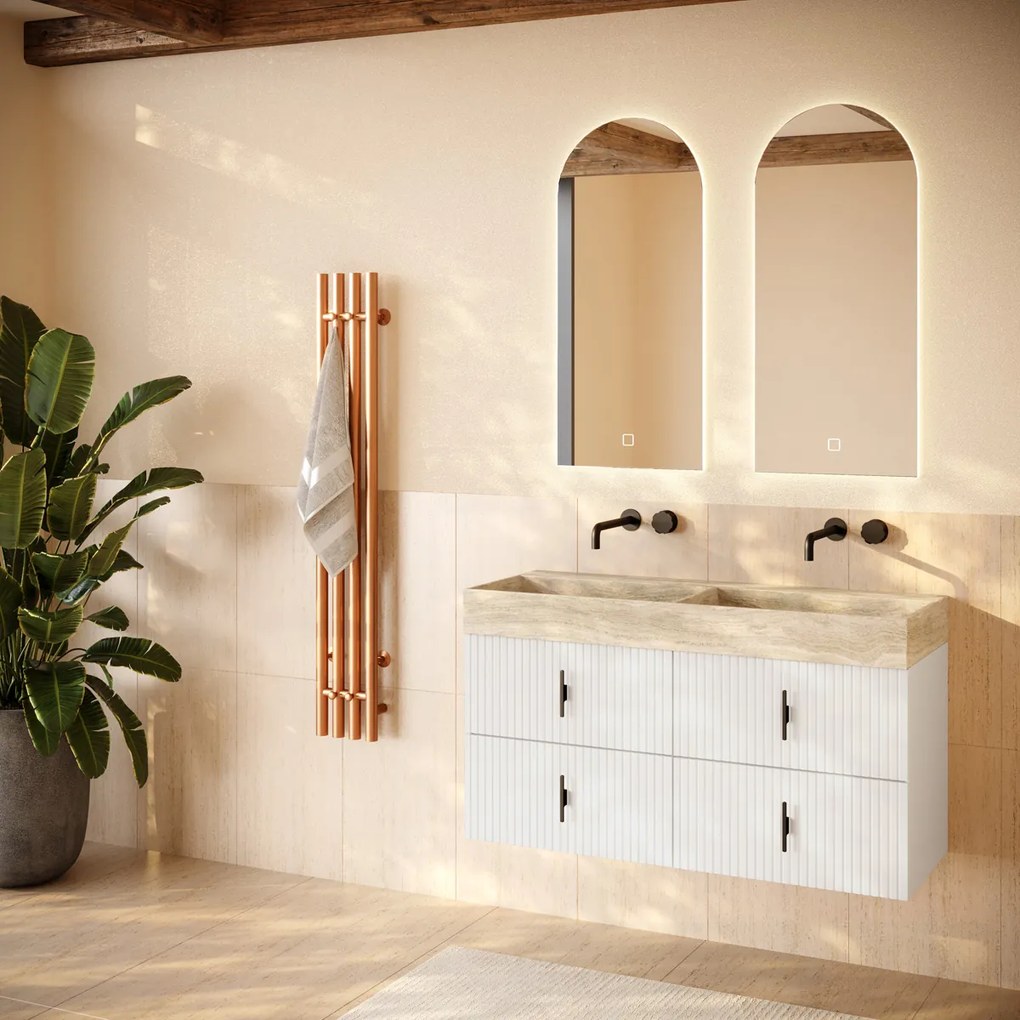 Muebles Murcia badmeubel ribbelfront 120cm wit mat met White Travertin wastafel zonder kraangaten