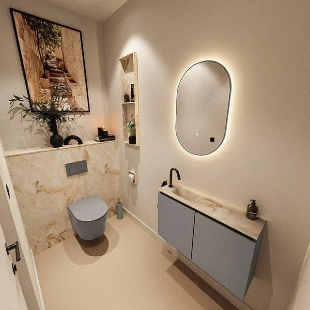 MONDIAZ TURE-DLUX 80cm toiletmeubel Smoke. EDEN wastafel Frappe positie links. Met 1 kraangat. TUREDX80SMOL1FRA