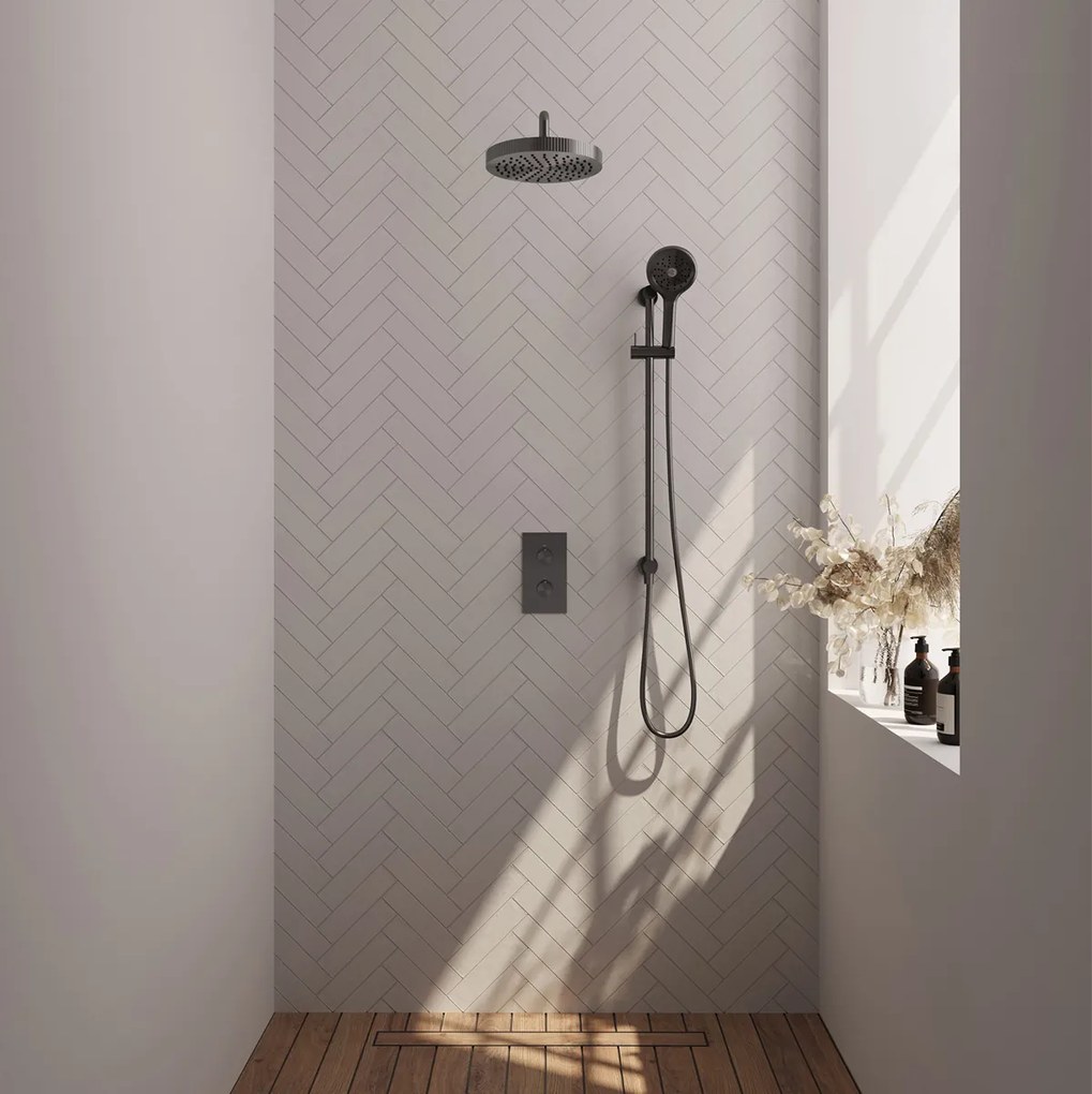 Brauer Stripe inbouw regendouche met 25cm hoofddouche, met gebogen muurarm, glijstang en 3 standen handdouche set 23 gunmetal geborsteld PVD