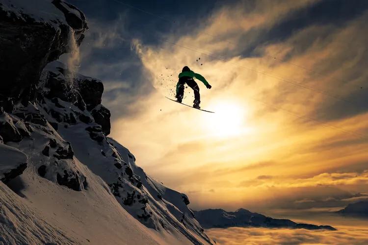 Fotobehang Sunset Snowboarding, (128 x 85 cm)