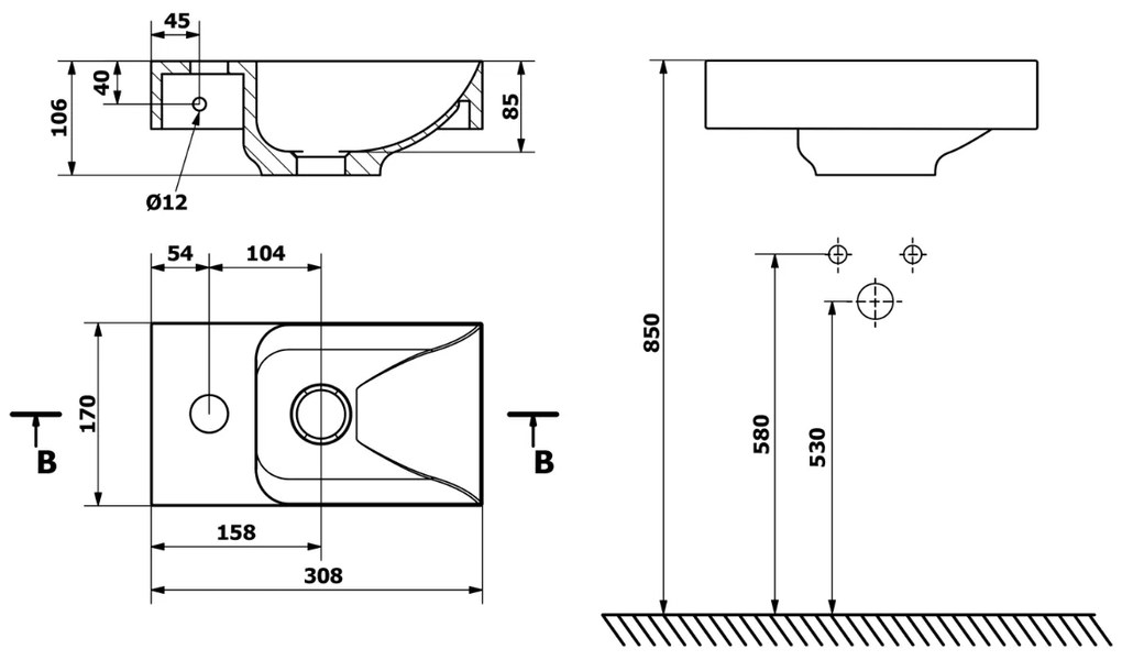 Sapho Piccolino fontein beton kraangat links 31x17cm donkerbruin