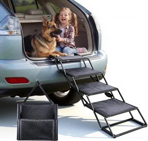 VEVOR Opvouwbare 4-treden hondenhelling voor auto's, extra brede hondenhelling voor grote honden met antislipoppervlak, draagbaar hulpmiddel voor toegang tot auto's, SUV's, vrachtwagens, hoogslapers, banken, draagvermogen tot 113 kg