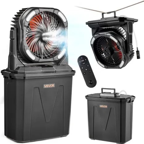 VEVOR Campingventilator, 2700 RPM motor, vernevelingsventilator, vernevelingsventilator met 9L watertank, 10000mAh accu, 4 windsnelheden en 5 lichtstanden, draagbare staande ventilator voor kamperen, vissen en reizen