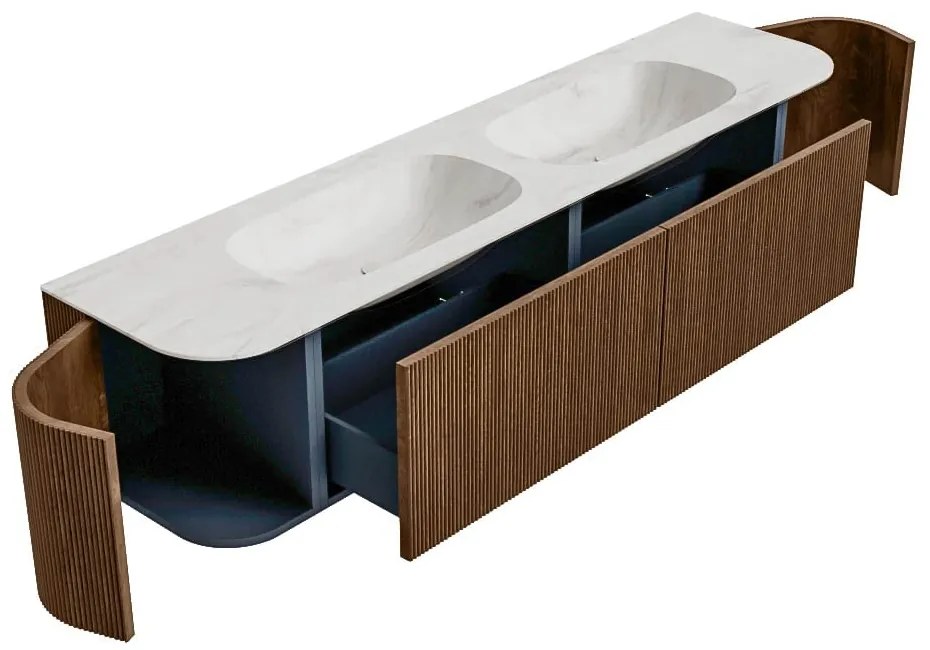 Mondiaz Kurve-dlux 190cm badmeubel ronding links/rechts walnut met 2 lades en deuren en wastafel stor small dubbel zonder kraangat ostra