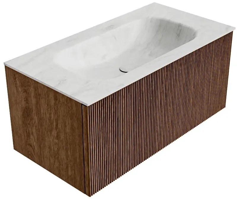 Mondiaz Kurve-dlux 90cm badmeubel walnut met 1 lade en wastafel big small midden zonder kraangat opalo