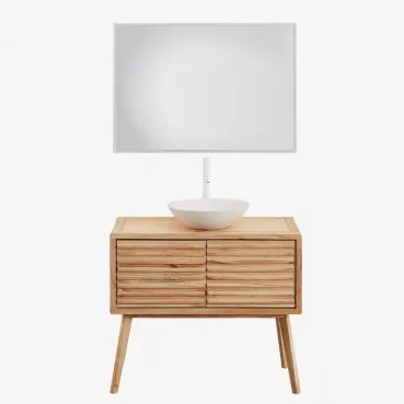 Badkamermeubelset 90x45 Cm In Hout Deleyna Natuurlijk Hout & Rond Cement Wit Ø40 Cm Zavion & Rechthoekige Led En Anticondens 100x70 Cm Riben & Wit ↑30