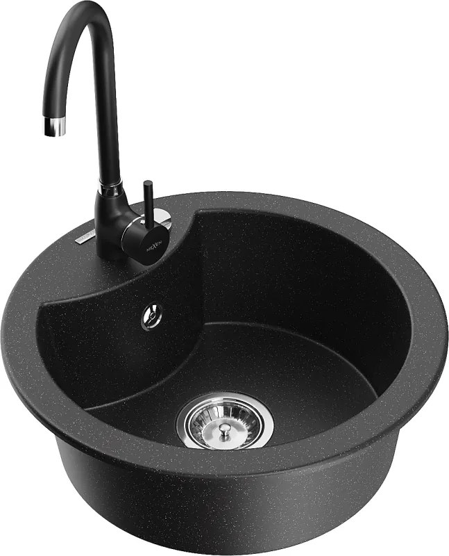 Mexen Diego granieten spoelbak 1-kamer met keukenmengkraan Telma, zwart/zilver - 6512-73-670200-70