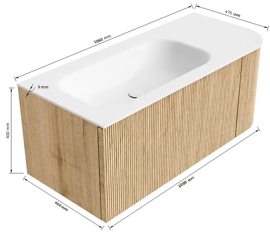 Mondiaz Kurve 105cm badmeubel ronding rechts oak met 1 lade en deur en wastafel big small kraangat links