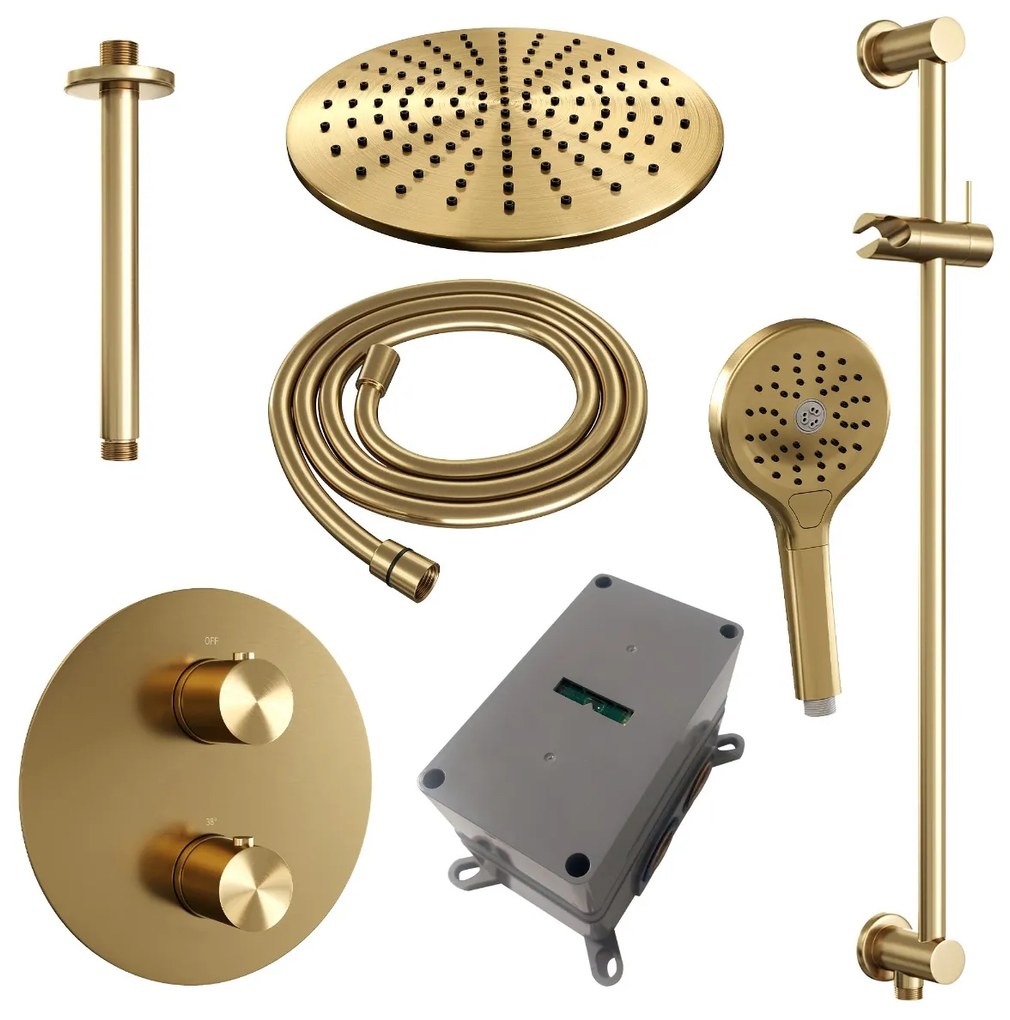 Brauer Gold Edition thermostatische inbouw regendouche met 3 standen handdouche, plafondarm, glijstang en hoofddouche 30cm set 96 messing geborsteld PVD