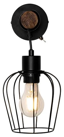 Landelijke wandlamp zwart met hout - Stronk