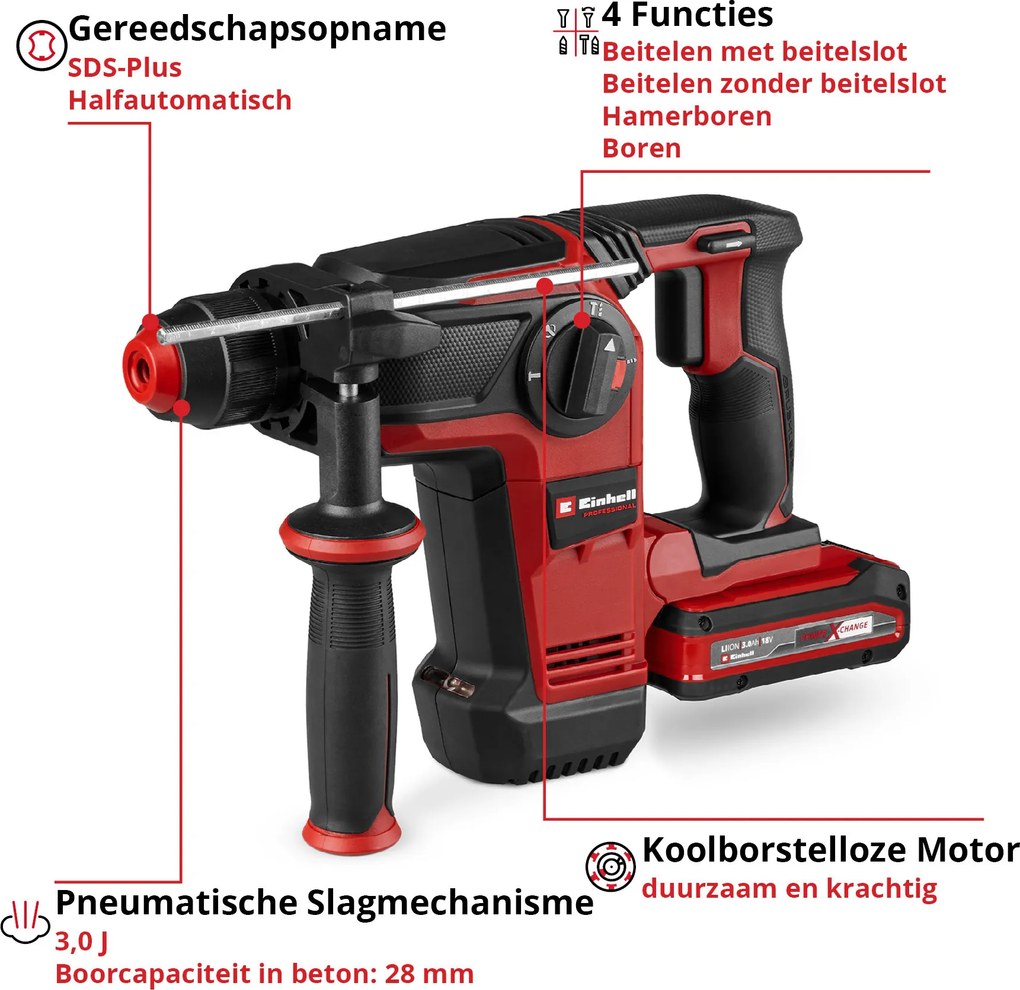 Einhell TP-HD 18/28 Li BL+4 (1x3,0Ah+) - PROFESSIONAL Accu Boorhamer - Power X-Change