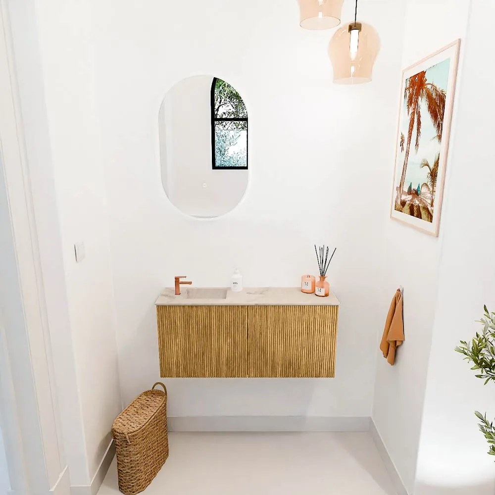 Mondiaz Joya DLux 90cm toiletmeubel oak met wastafel faye links 1 kraangat frappe