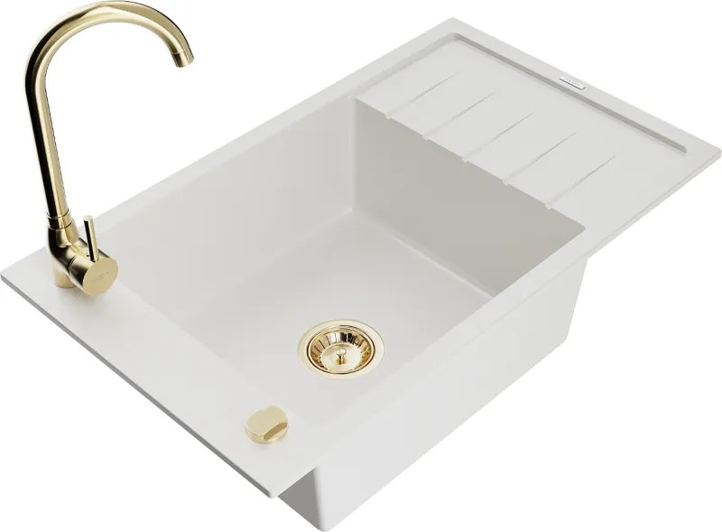 Mexen Elias granieten gootsteen 1-kompartment met afdruiprek en keukenmengkraan Telma, wit - 6511-20-670200-50