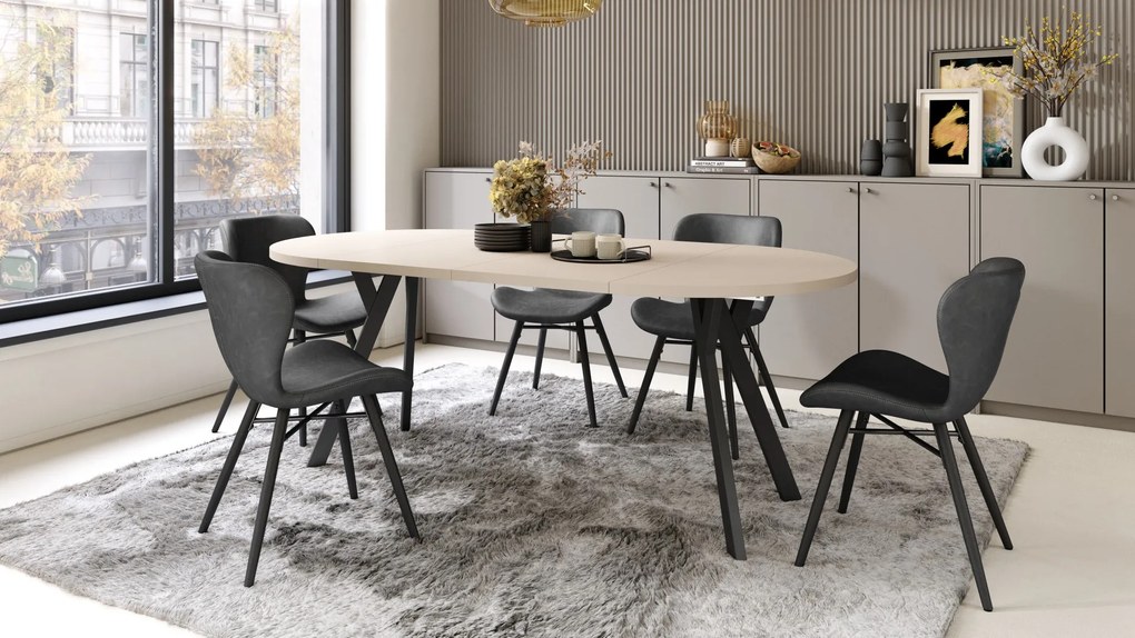 ALMO 100 Beige/Zwarte poten - RONDE LOFT/INDUSTRIËLE TAFEL VOOR WOONKAMER/EETKAMER, UITSCHUIFBAAR