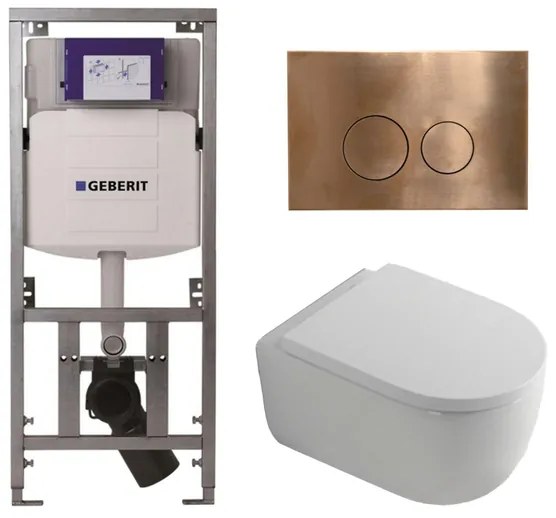 QeramiQ Dely Swirl Toiletset - 36.3x51.7cm - diepspoel - rimless - Geberit UP320 inbouwreservoir - met Burda frame - 35mm zitting - koperen bedieningsplaat - ronde knoppen - wit mat 0701131/SW706196/SW1000767/SW1026257