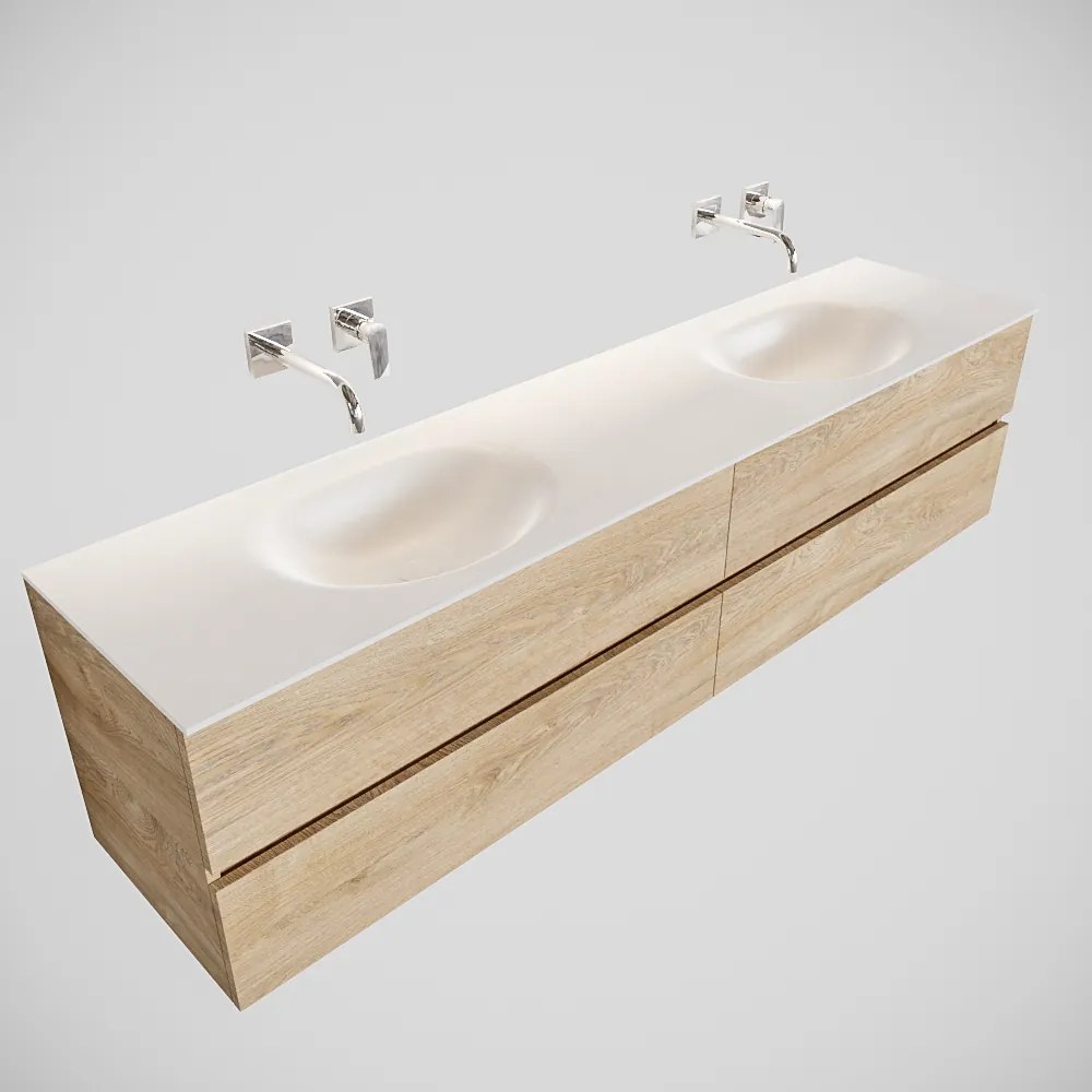 Zaro Sevilla Solid Surface badmeubel 200cm Wood washed oak zonder kraangat dubbele spoelbak met 4 lades