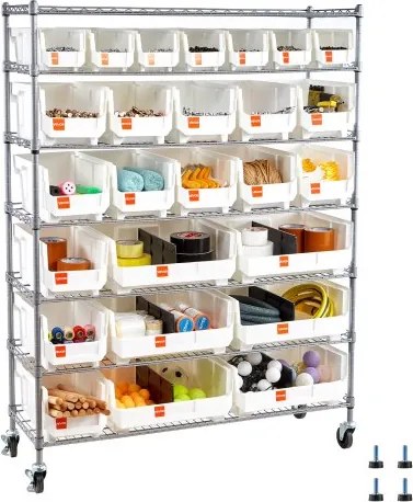 VEVOR vrijstaande opbergkast, opbergrek met 7 niveaus en 26 stapelbare dozen, boekenplank, keukenrek op wielen, verrijdbaar opbergrek voor garage, magazijn, kantoor, restaurant, klaslokaal, keuken, 355x1110x1480 mm