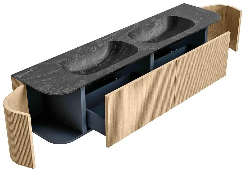 Mondiaz Kurve-dlux 190cm badmeubel ronding links/rechts oak met 2 lades en deuren en wastafel stor small dubbel zonder kraangat lava