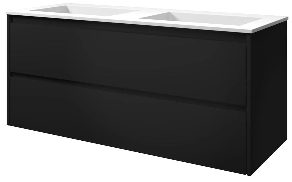 Elegant badmeubel met polystone wastafel zonder kraangaten en onderkast symmetrisch - Mat zwart/Mat wit - 120x46cm (bxd)