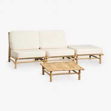 Tuinset Met 2-delige Modulaire Bank, Poef En Vierkante Salontafel 75x75 Cm Van Bamboe Isendra Stof Wit - Sklum