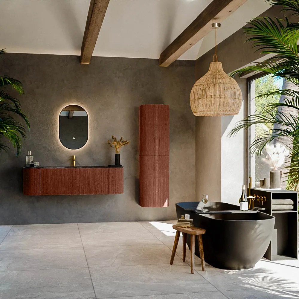 Mondiaz Kurve-dlux 150cm badmeubel ronding links/rechts ruby met 1 lade en 2 deuren en wastafel big medium midden 1 kraangat lava