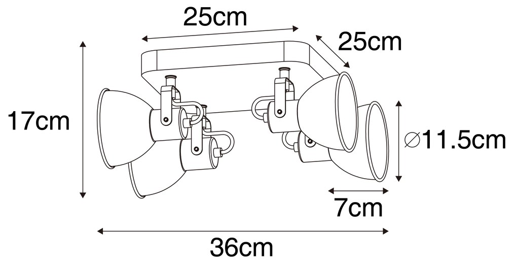 Industriële spot zwart met hout kantelbaar 4-lichts - Tommy