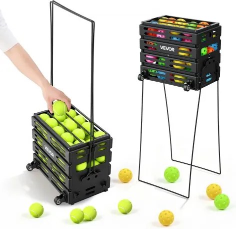 VEVOR Tennisballenmand met wielen, tennisballenverzamelaar met frame van koolstofstaal en plastic mand, verzamelmand voor 80 tennisballen, draagbare tennisballenkar voor trainingsclubs, zwart