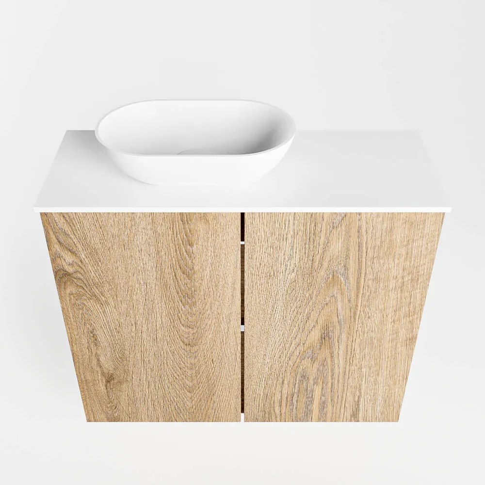 Mondiaz Fowy toiletmeubel 60cm washed oak met witte waskom links en kraangat