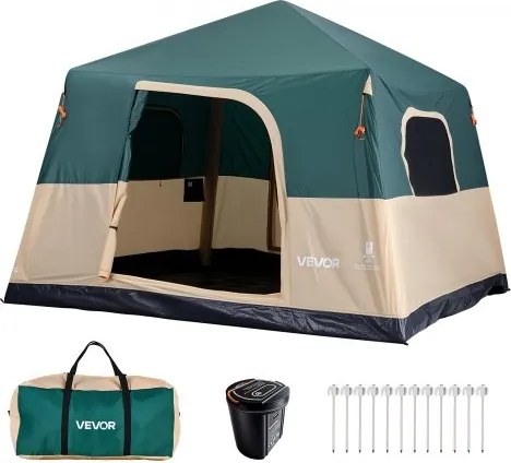 VEVOR Campingtent voor 6 personen, opblaasbare familietent met oplaadbare pomp, TPU-luchtslang en 4 gaasramen, cabinetent met draagtas voor gezinskamperen en wandelen, groen