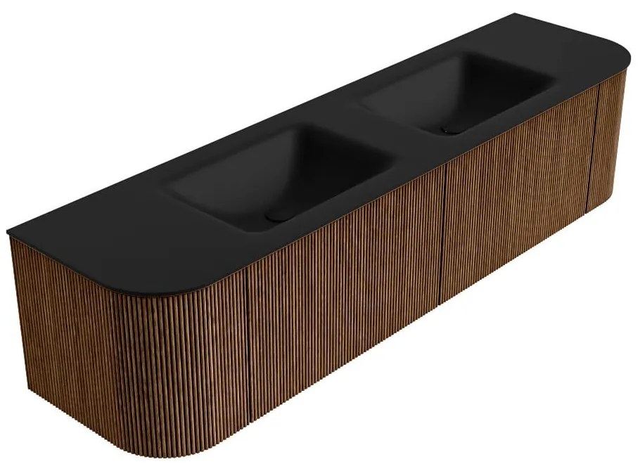 Mondiaz Kurve 180cm badmeubel ronding links/rechts walnut met 2 lades en deuren en wastafel cloud dubbel zonder kraangat urban