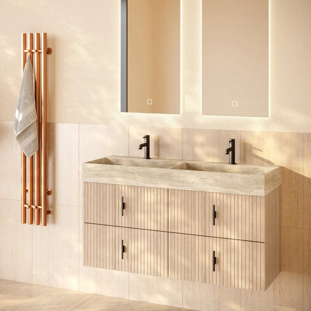 Muebles Murcia badmeubel ribbelfront 120cm naturel eiken met White Travertin wastafel met kraangaten