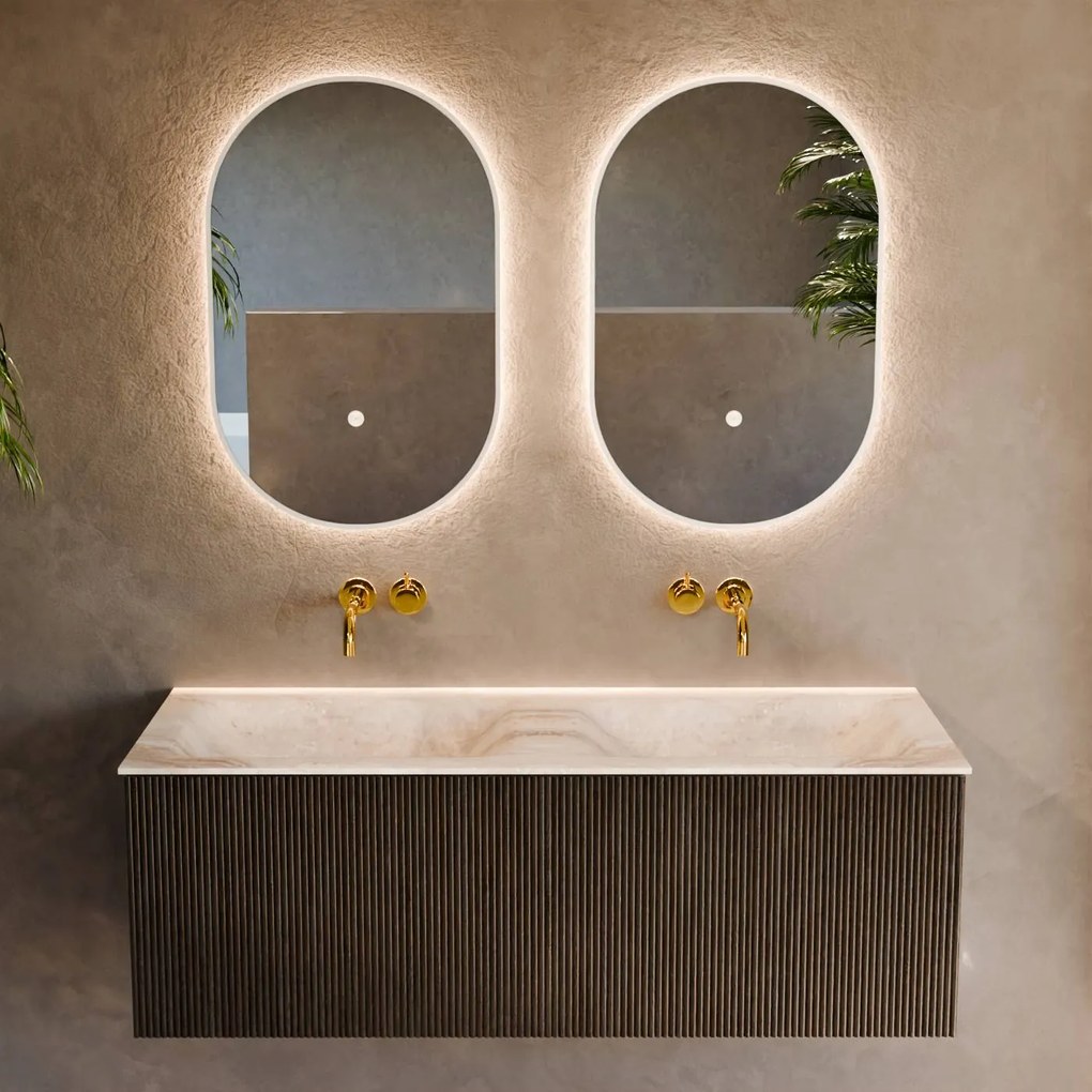 Mondiaz Kurve-dlux 120cm badmeubel shadow met 1 lade en wastafel leaf dubbel zonder kraangat frappe