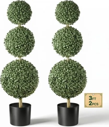 VEVOR Kunstplant 2 stuks. Kunstmatige buxus met PP-pot 914 mm, decoratieve plant voor woonkamer, balkon, kantoor, veranda of tuin, UV-bestendig, kunstboom gemaakt van PE, drievoudige bolvorm, voor binnen en buiten.