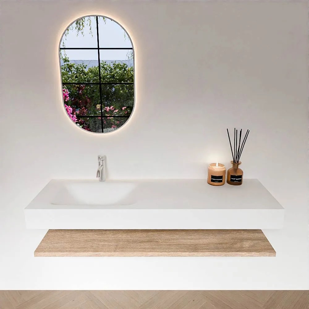 Zaro Alan badmeubel 140cm met planchet washed oak en vrijhangende wastafel cloud links 1 kraangat talc