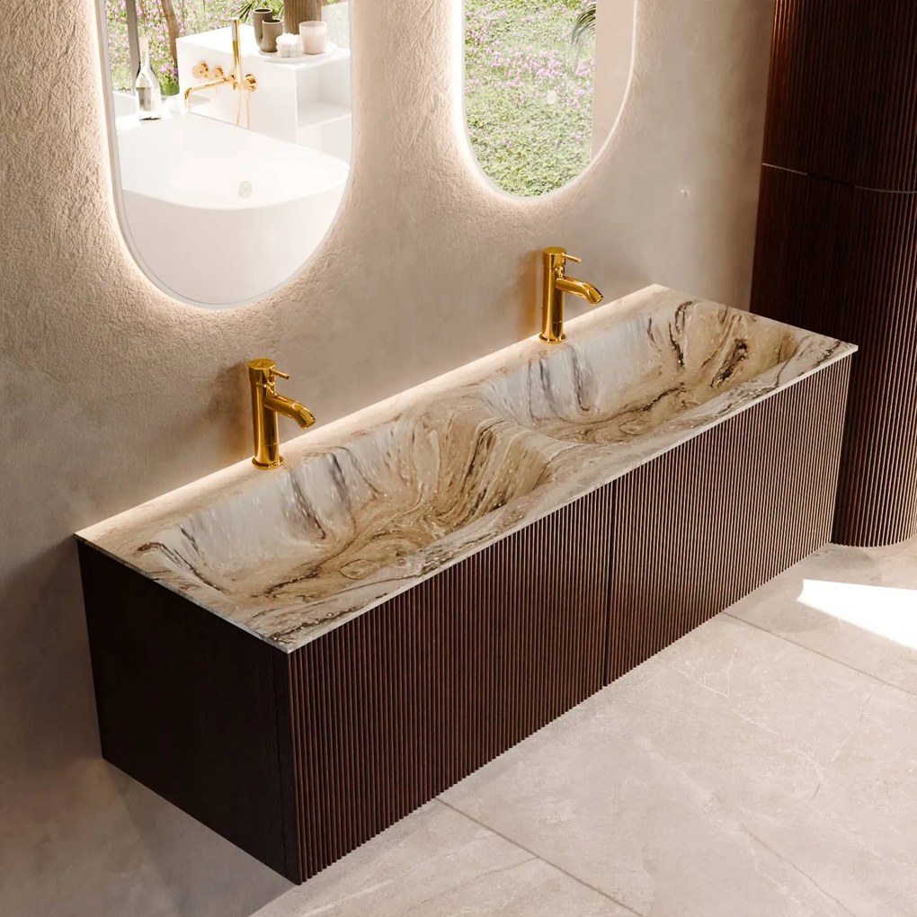 Mondiaz Kurve-dlux 140cm badmeubel ruby met 2 lades en wastafel stor small dubbel 2 kraangaten glace