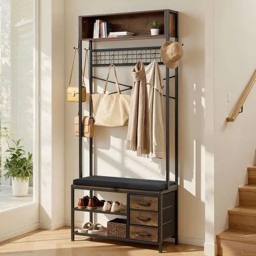 VEVOR halgarderobe 80 x 30 x 180 cm, kapstok met schoenenrek (2 niveaus) &amp; 3 lades, vrijstaande garderobe met boekenplank &amp; metalen rooster, ideaal voor entree of slaapkamer